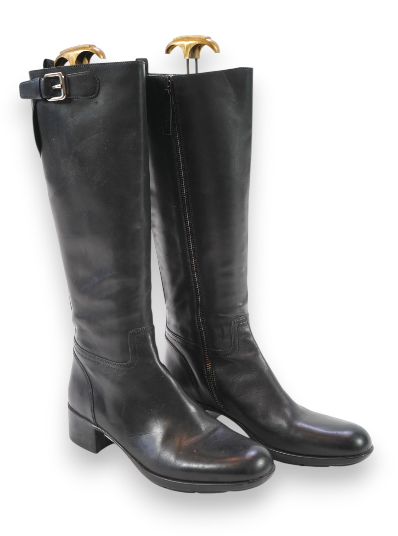 A pair of lady's Prada black leather boots and a pair of Russell & Bromley platform black leather knee high boots. size EU 40 (approx UK size 7.5)